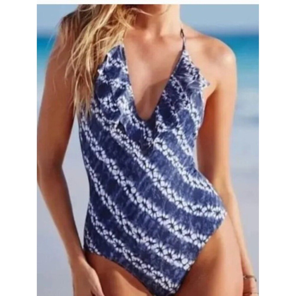 Victoria’s Secret Blue Tie Die Swimsuit Sz S One Piece Halter Plunge Boho Ruffle